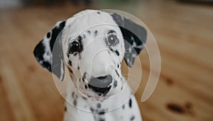 Dalmatian puppy sits on wooden floor in room