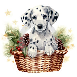 A dalmatian puppy is sitting in a basket. Pets, winter clipart.