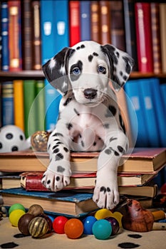 A dalmatian puppy sitting on top of a pile of books. Generative AI image.