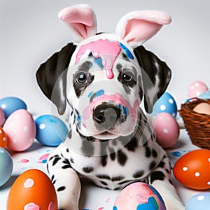 A Dalmatian puppy wearing bunny ears and pink paint on its face, surrounded by Easter eggs.