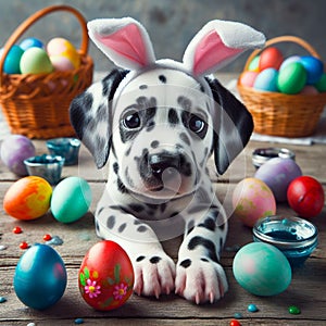 A Dalmatian puppy wearing bunny ears and pink paint on its face, surrounded by Easter eggs.