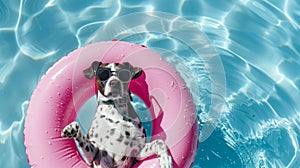 Dalmatian puppy wearing sunglasses and floating in a pool with a pink flotation ring