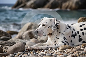 A Dalmatian rolling around and playing at a secluded pebble beach, undisturbed by anyone else. Even the dog appearing relaxed and