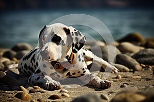 A Dalmatian rolling around and playing at a secluded pebble beach, undisturbed by anyone else. Even the dog appearing relaxed and