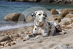 A Dalmatian rolling around and playing at a secluded pebble beach, undisturbed by anyone else. Even the dog appearing relaxed and