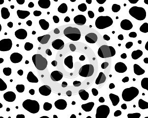 Dalmatian seamless pattern. Black uneven spots animal print. Abstract background with black and white circles. Vector