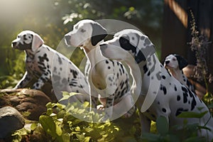 Dalmatians dogs garden. Generate Ai