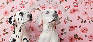 Dalmatians posing against floral pink background, showcasing unique coat patterns and expressive faces, copy space for photo
