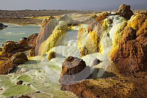 Dalol, Dankakil Depression. Volcanic hot springs of Ethiopia. Earthâ€™s lowest land volcano.