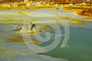 Dalol, Dankakil Depression. Volcanic hot springs of Ethiopia. Earthâ€™s lowest land volcano.