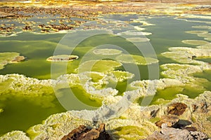 Dalol, Dankakil Depression. Volcanic hot springs of Ethiopia. Earthâ€™s lowest land volcano.