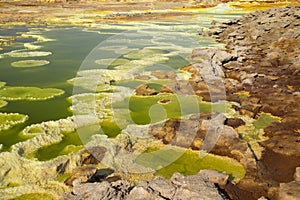 Dalol, Dankakil Depression. Volcanic hot springs of Ethiopia. Earthâ€™s lowest land volcano.