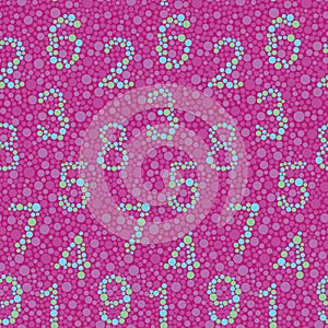 Daltonism color test inspired fun dotted seamless vector pattern with numbers created from dots on pink background