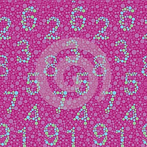 Daltonism color test inspired fun dotted seamless vector pattern with numbers created from dots on pink background photo