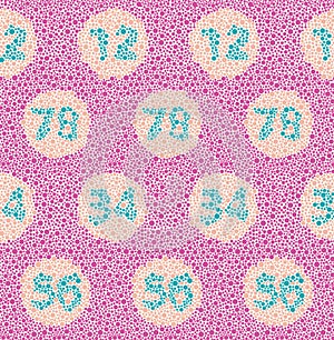 Daltonism color test inspired fun dotted seamless vector pattern with numbers created from dots. Surface pattern design photo