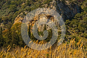 DALYAN, TURKEY: Rock-cut temple tombs of the ancient city Kaunos in Dalyan.