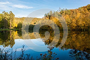 Dam with autumn forest with colorful trees