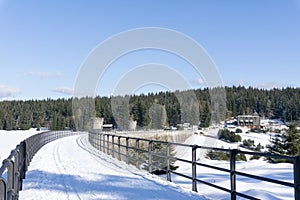 Dam Bedrichov on the river Cerna Nisa in the Jizera mountains in winter time.