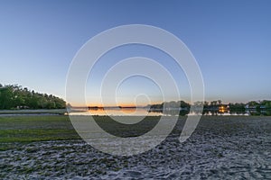 Dam between Bezdrev and Cesnovicky cip pond with spring color sunset with trees