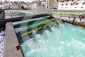 Dam on a mountain lake in Lucerne, Switzerland.