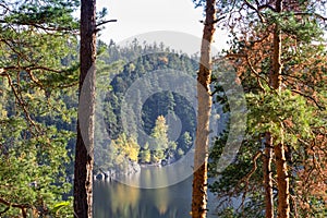 Dam Rimov with autumn colorful trees, foiliage Czech landscape