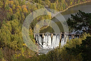 The dam on the river Bolshaya Satka. Russia. Waterfalls on a small mountain rive