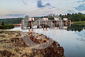 The dam on the river in the evening, the river Iset Kamensk-Ural`skiy