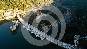 Dam of the Sau Reservoir in the Province of Girona, Catalonia, Spain. Amazing aerial view in a sunny day