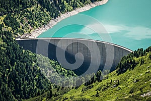 Dam of Schlegeisspeicher in Alps mountains in Zillertal