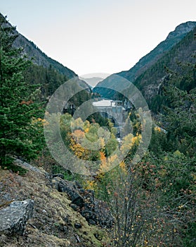 The dam which creates Diablo Lake surrounded by beautiful fall colors