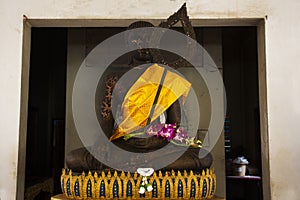 Damage buddha of hell statue at crematorium crematory or funeral pyre for thai people visit respect or praying blessing mystical