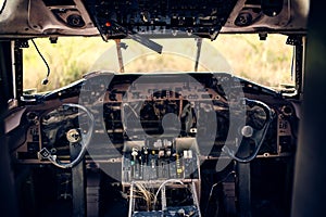 Damage old commercial plane cockpit