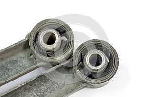 Damage rear trailing arm bushing on white background  Car maintenance service