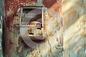 Damaged, abandoned retro ATM, out of order destroyed cash machine. Financial crisis abstract concept