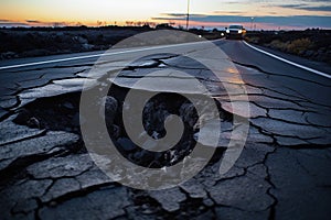 Damaged asphalt road with deep pothole. Generative AI