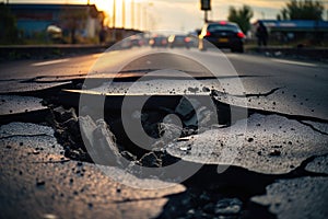 Damaged asphalt road with deep pothole. Generative AI