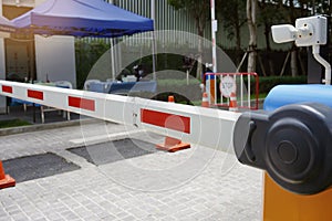 Damaged Automatic Barrier Gate in the Parking lot , Security system for building and car entrance vehicle barrier