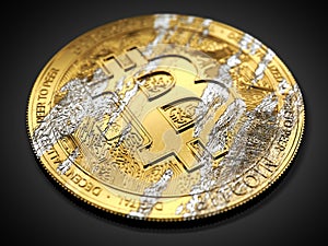 Damaged Bitcoin laying on dark background. Bitcoin crash concept. 3D rendering