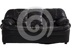 Damaged black leather sofa isolated on white background.