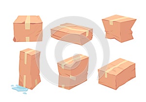 Damaged box. crush containers poor quality cardboard packages delivery problems. Vector pictures set isolated