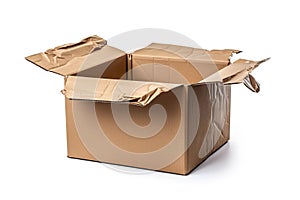 Damaged Box Isolated, Craft Paper Delivery Package, Broken Carton Packaging, Crumpled Cardboard Box
