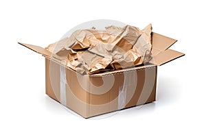 Damaged Box Isolated, Craft Paper Delivery Package, Broken Carton Packaging, Crumpled Cardboard Box
