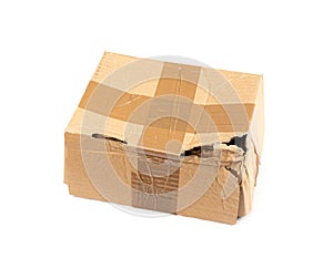 Damaged Box Isolated, Craft Paper Delivery Package, Broken Carton Packaging, Crumpled Cardboard Box