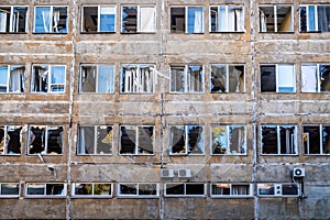 Damaged broken windows during an air missile attack alert following Russia\'s invasion of Ukraine