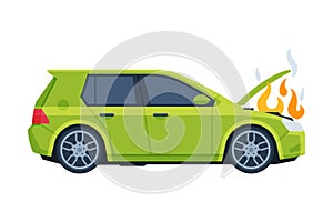 Damaged Burning Car, Auto Accident, Purple Car Side View Flat Vector Illustration