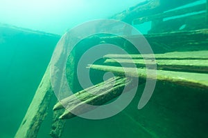 Damaged cabin trunk of the wooden schooner shipwreck the Bermuda