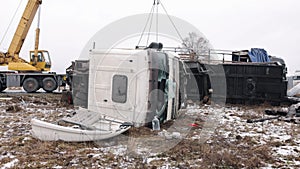 damaged car, Overturned truck, highway road