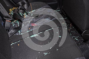 Damaged car showing broken glass in the interior