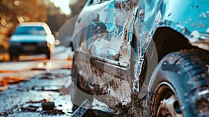 Damaged Car Sitting in Rain