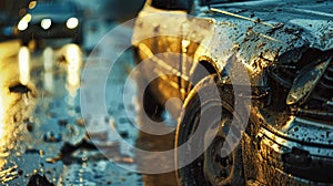 Damaged Car Sitting in Rain